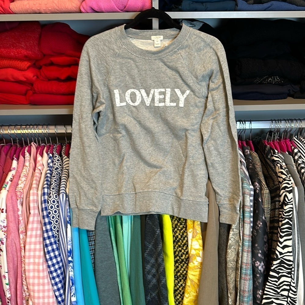 J Crew gray “LOVELY” long sleeve sweatshirt. NWT size XS
